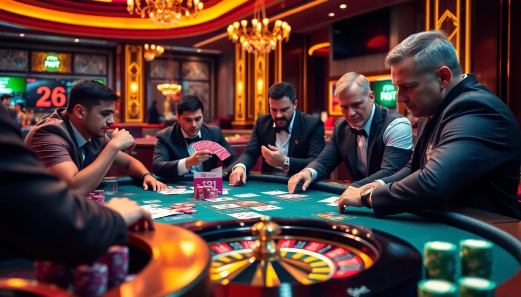 Players competing at a high-stakes poker table at i9bet, showcasing the thrill of gambling.