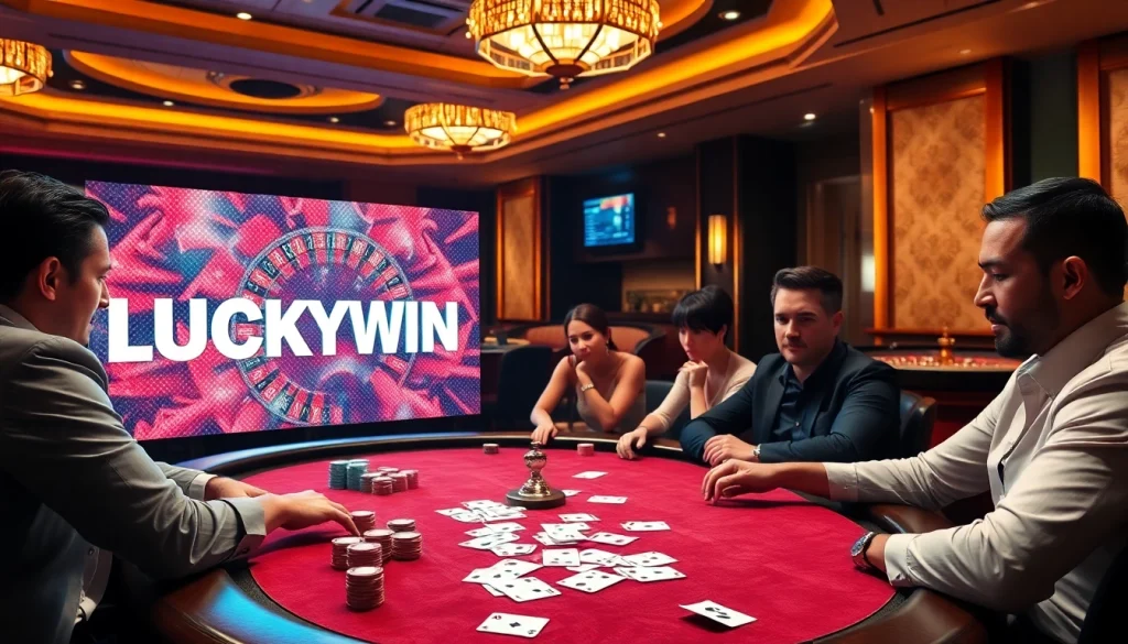 Engaging casino scene with players at a poker table, featuring LUCKYWIN promotions.