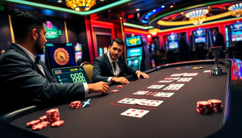 Players engaging in a thrilling game at PS 99 casino, showcasing poker chips and a roulette wheel.