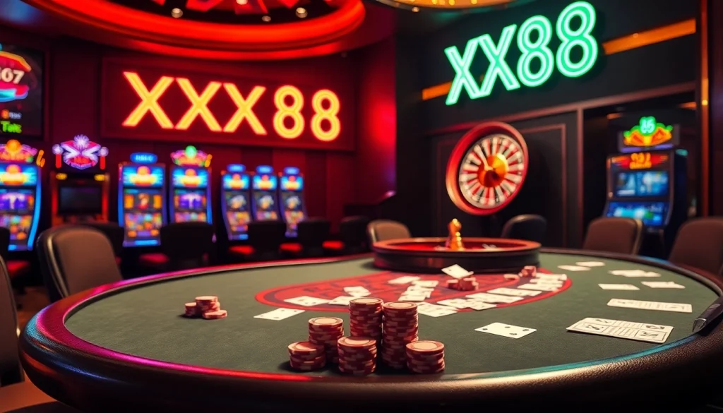 Engaging gamblers with a thrilling scene of XX88 at a luxurious casino filled with vibrant slot machines and poker chips.