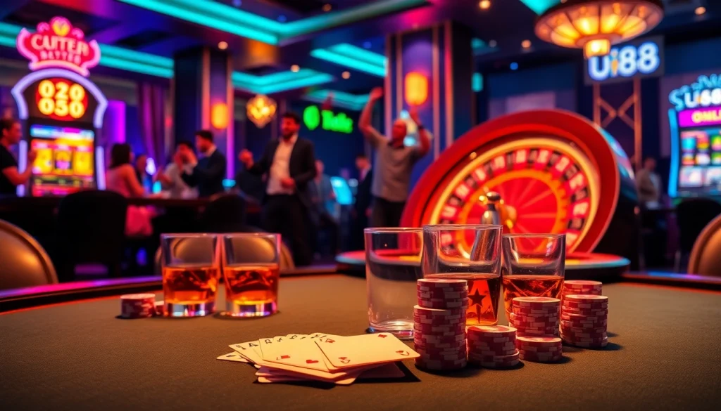 Players enjoying high-stakes gambling at a luxurious uu88 casino setting with poker chips and cards.
