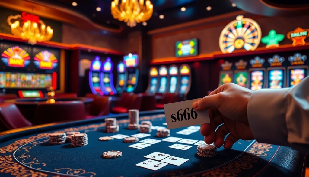 Engaging poker play at a luxurious casino table with s666 betting elements, highlighting excitement.