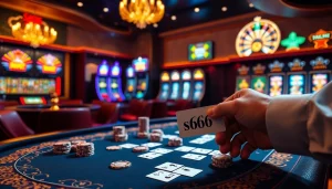 Engaging poker play at a luxurious casino table with s666 betting elements, highlighting excitement.