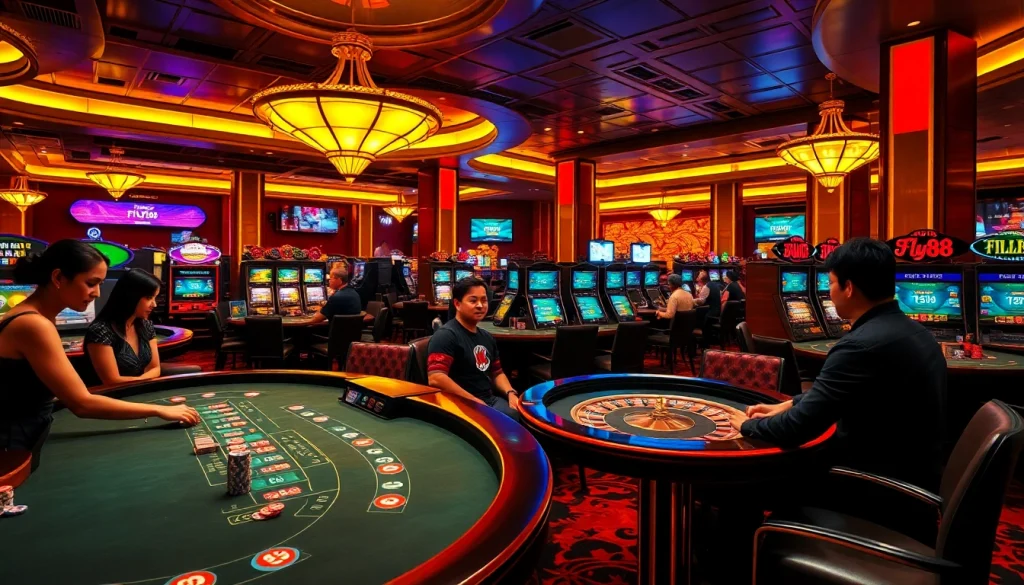 FLY88 đăng nhập at a luxury casino with players eagerly engaged in gaming activities.