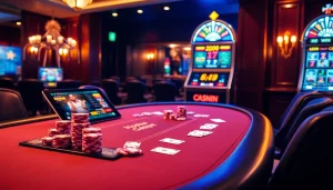 Experience the thrill of gambling with Haywin at an elegant casino filled with poker chips and slot machines.