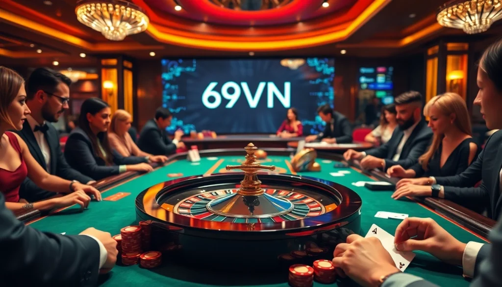 Casino gaming scene with players at a roulette table, featuring 69VN, luxurious elements, and excitement.
