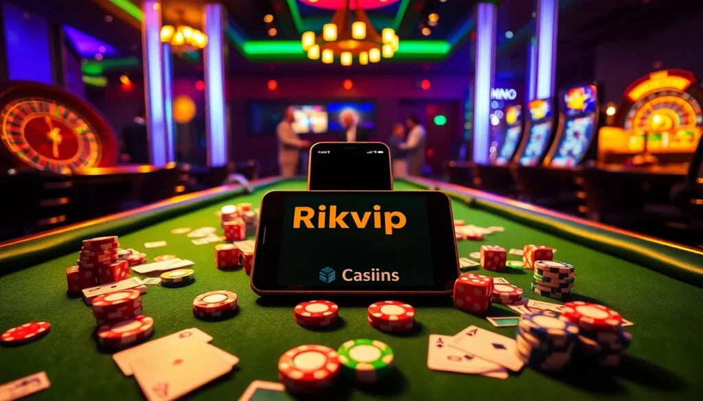 Experience the thrill of Rikvip gaming with poker chips and a vibrant casino atmosphere.