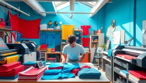 Atraskite kūrybiškus marškinėlių su spauda dizainus, kuriamus moderniame studijoje.