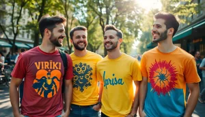 Vyrai vilkintys ryškius Virški Marškinėlius su spauda saulėtoje parke.