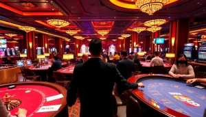 Exciting casino scene showcasing players engaging with 98WIN branded poker chips and betting slips.