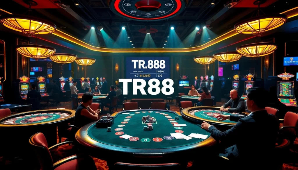Intense gambling scene with players at TR88 poker tables and exciting slot machines.