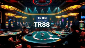 Intense gambling scene with players at TR88 poker tables and exciting slot machines.