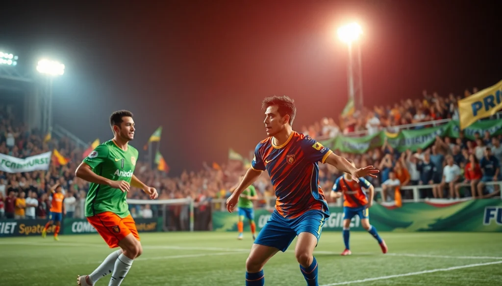 مباراة كرة قدم مليئة بالحماس تحت الأضواء الكاشفة تُبرز إثارة كورة لايف مع اللاعبين والمشجعين يهتفون.