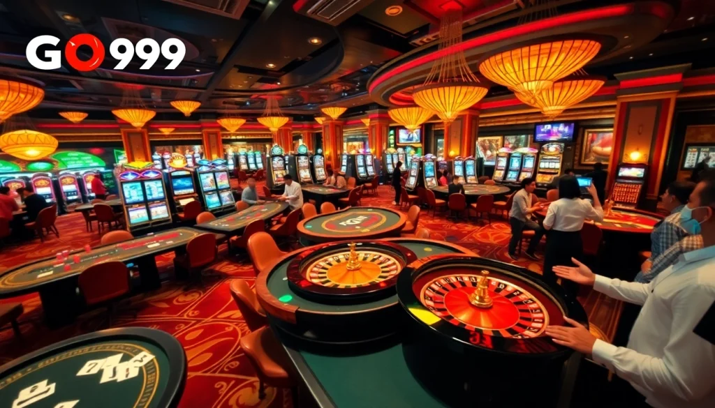 Excited players enjoying the GO99 casino atmosphere with vibrant slot machines and gaming tables.