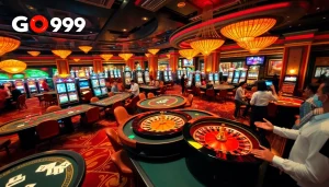 Excited players enjoying the GO99 casino atmosphere with vibrant slot machines and gaming tables.