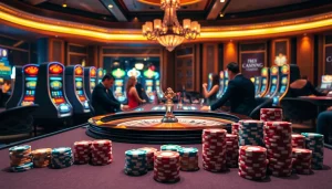 Experience the excitement at jun88 phiên bản 1 with players at a lavish casino table.
