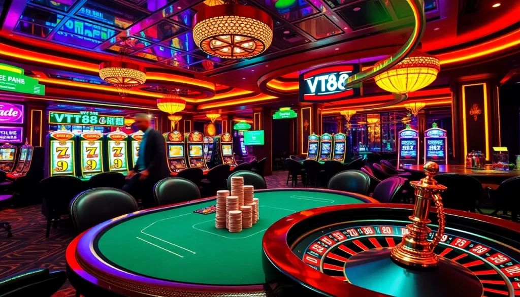 Vt88 nhà cái showcasing an exciting casino atmosphere with poker and gambling elements.