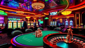 Vt88 nhà cái showcasing an exciting casino atmosphere with poker and gambling elements.