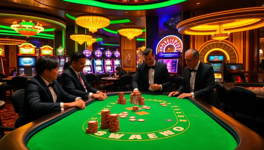 SODO themed poker table scene with players and vibrant slot machines in a luxury casino setting.
