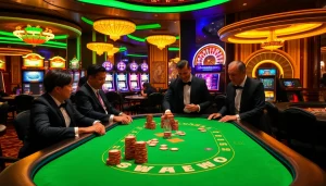 SODO themed poker table scene with players and vibrant slot machines in a luxury casino setting.