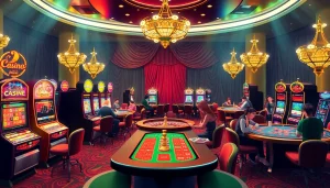 Visualize dynamic gaming action at xo88.quest with poker players and vibrant slot machines.