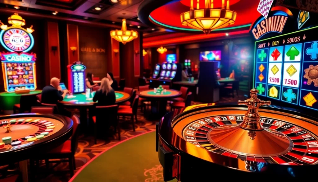 A lively casino scene showcasing the excitement of games at GO99, featuring vibrant slots and roulette.