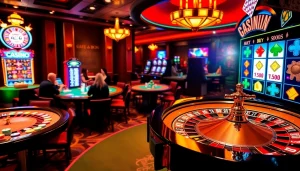 A lively casino scene showcasing the excitement of games at GO99, featuring vibrant slots and roulette.