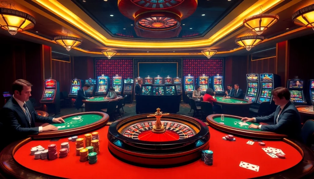 Players enjoying a thrilling game experience at https://www.superslot365.net/ casino, featuring poker tables and slot machines.