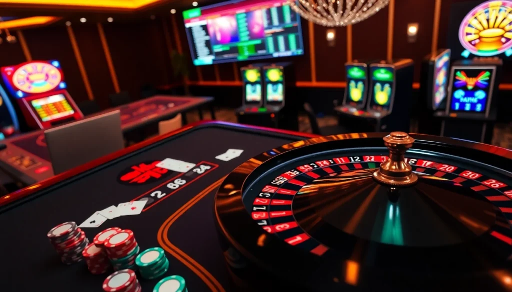 Engaged players enjoying LODE88 at a luxurious casino gaming table with vibrant visuals.