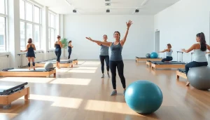 台東区のピラティススタジオで、さまざまな参加者がトレーニングに取り組む様子