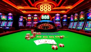 Experience thrilling action at 888new with a vibrant casino table setup featuring cards and chips.