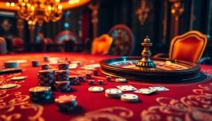 Exciting casino scene showcasing keonhacai5 with poker chips and a roulette wheel on a high-stakes gambling table.