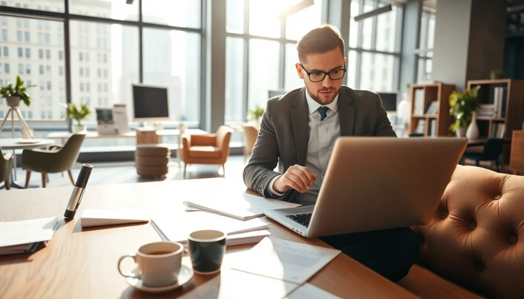 Tampa Free Press journalist actively researching in a vibrant newsroom environment.