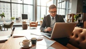 Tampa Free Press journalist actively researching in a vibrant newsroom environment.