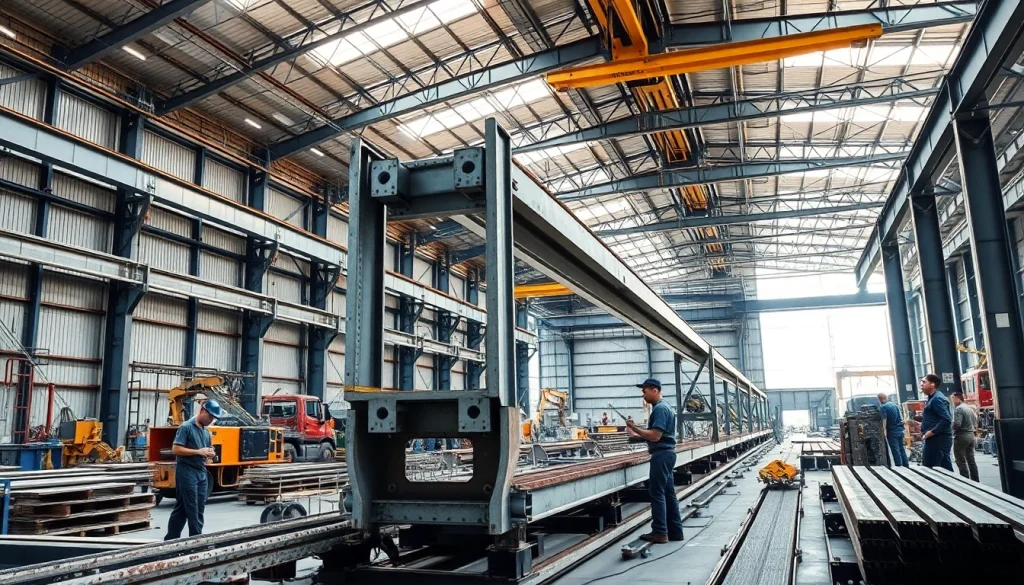 Workers engaged in structural steel fabrication, showcasing precision and craftsmanship in a modern industrial setting.