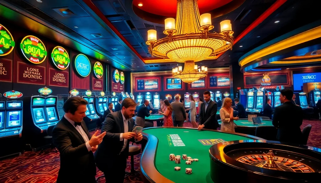 Players enjoying a thrilling gaming experience at KJC’s luxurious casino with vibrant slot machines.