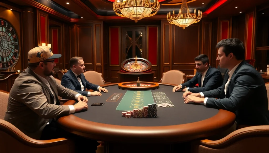 Players strategizing at a poker table in a luxurious casino scene, capturing Haywin's thrilling gaming environment.