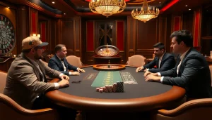 Players strategizing at a poker table in a luxurious casino scene, capturing Haywin's thrilling gaming environment.