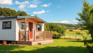 View of a modern static caravan, part of Hugh Daly Caravans, in a peaceful outdoor setting.
