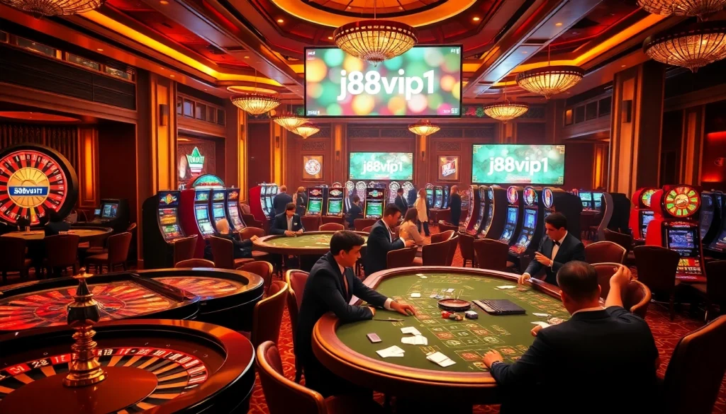 Experience the excitement of j88vip1 through an engaging casino scene filled with roulette wheels and poker tables.