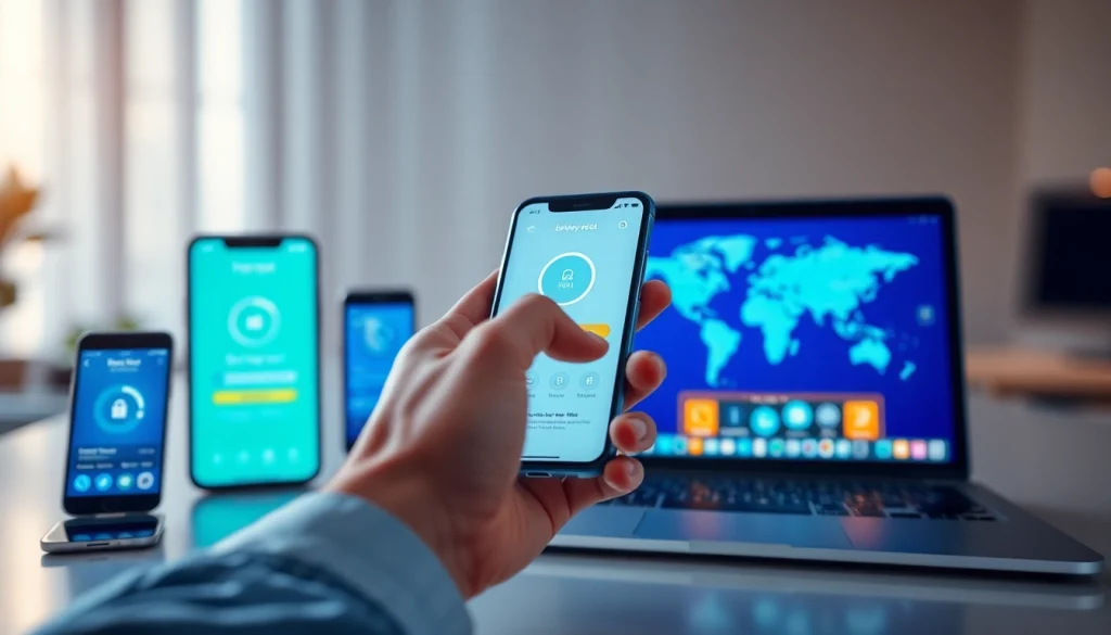 快连下载 app interface displayed on various devices, emphasizing connectivity and speed.
