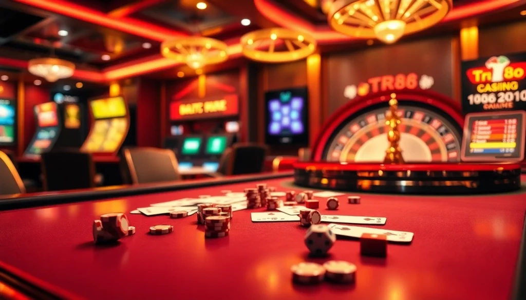 Engaging gambling visuals at nhà cái TR88 with poker chips and roulette wheel.