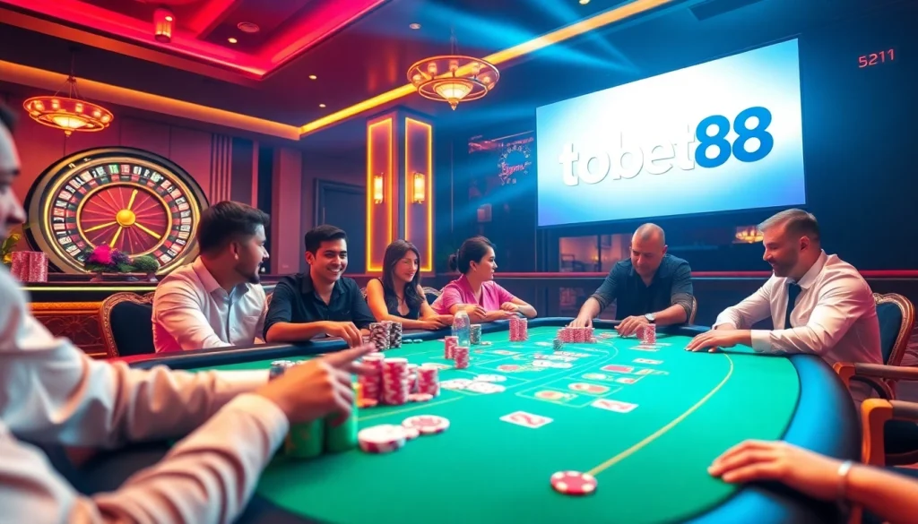 Tobet88 players enjoying a poker game with vibrant chips and casino ambiance.