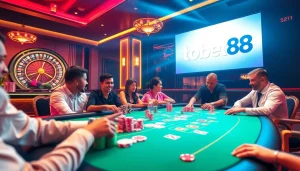 Tobet88 players enjoying a poker game with vibrant chips and casino ambiance.