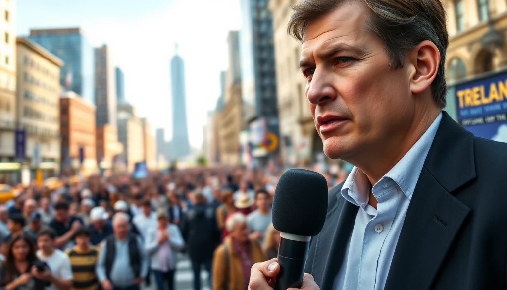 Covering the latest news, a journalist passionately reports live from a vibrant urban setting.