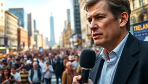 Covering the latest news, a journalist passionately reports live from a vibrant urban setting.