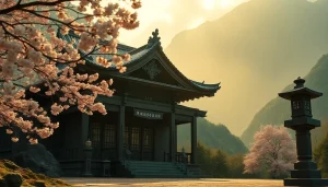 即身仏を祀る日本の寺院の穏やかな雰囲気と、桜の花に囲まれた光景。