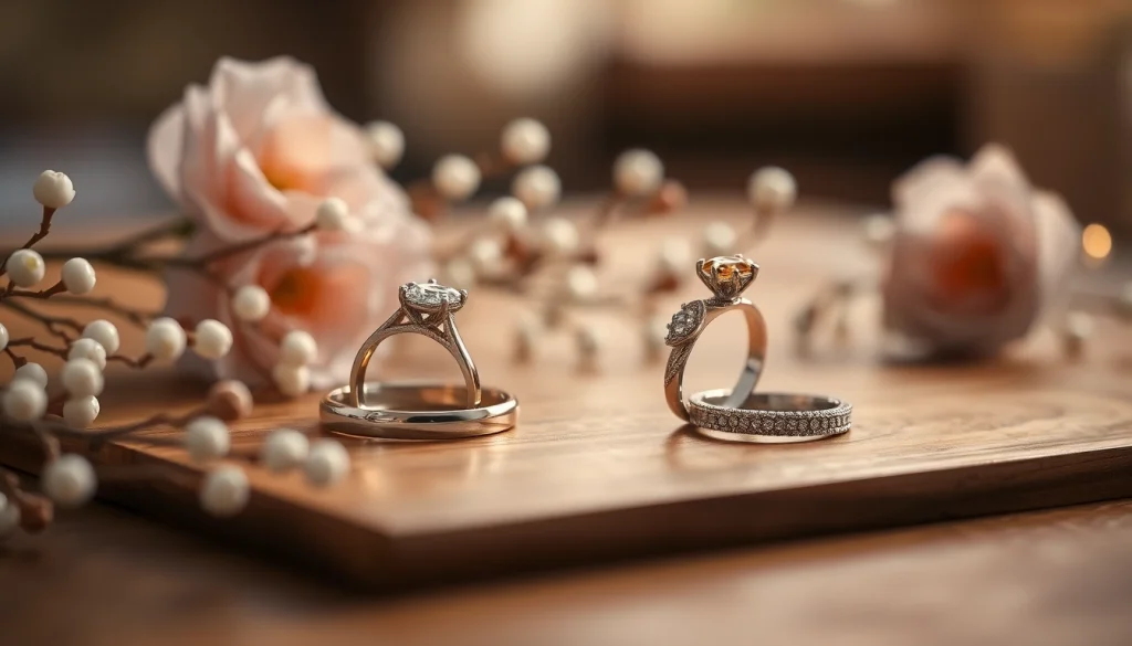 美しい結婚指輪が繊細な花々の中に優雅に展示され、愛と結びつきを象徴します。