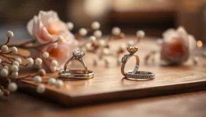 美しい結婚指輪が繊細な花々の中に優雅に展示され、愛と結びつきを象徴します。