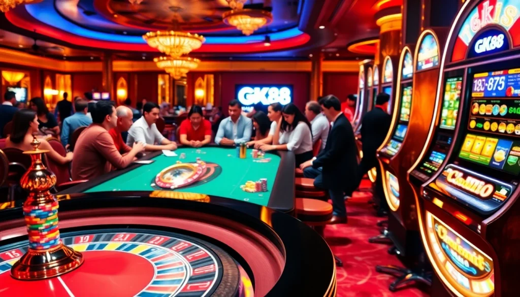 Experience exhilarating gameplay at GK88 casino with vibrant tables, chips, and slot machines.